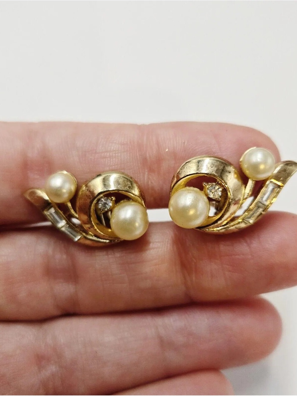 Trifari Gold Tone Pearl and Rhinestone Clip Earrings